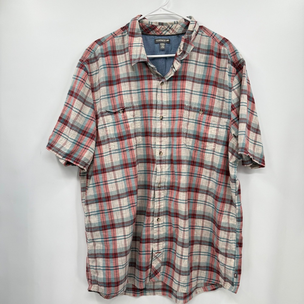 TOAD&CO Plaid Short Sleeve Button Up Shirt Men's XXL Red Blue Tan Cotton